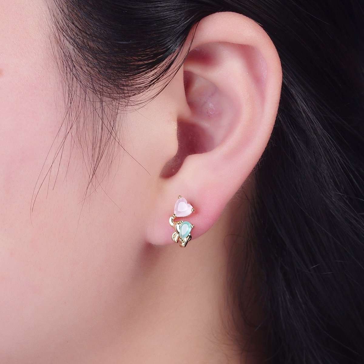 24K Gold Filled Dainty Pink CZ Heart with Green CZ Elephant Stud Earrings P-429