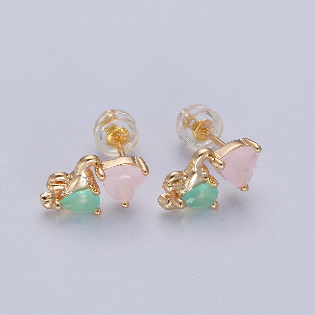 24K Gold Filled Dainty Pink CZ Heart with Green CZ Elephant Stud Earrings P-429