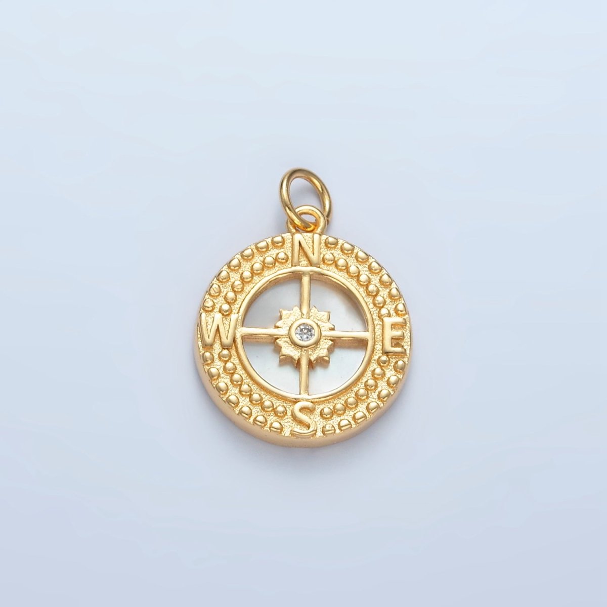 24K Gold Filled Dotted Compass Shell Pearl Round Medallion Charm N-384
