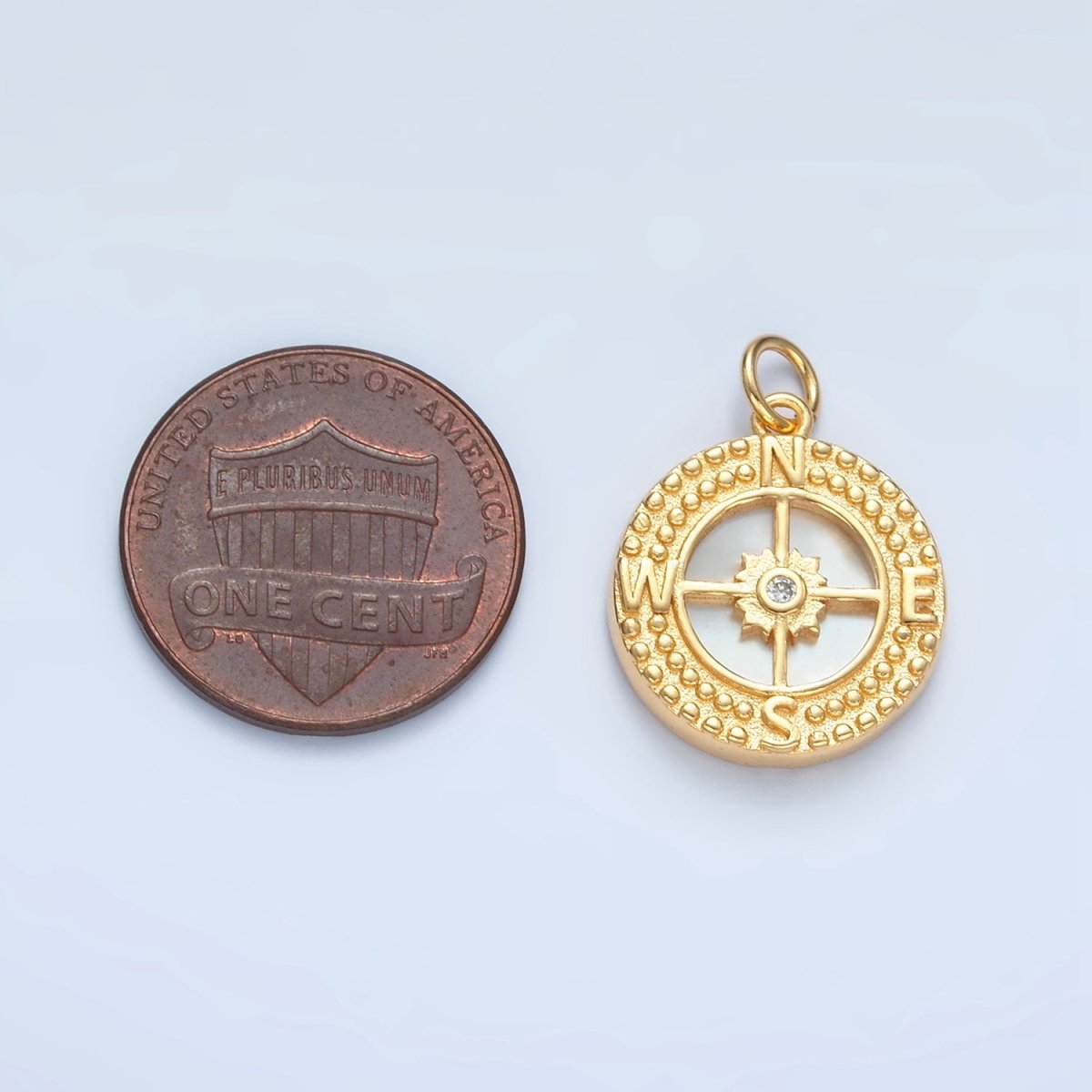 24K Gold Filled Dotted Compass Shell Pearl Round Medallion Charm N-384