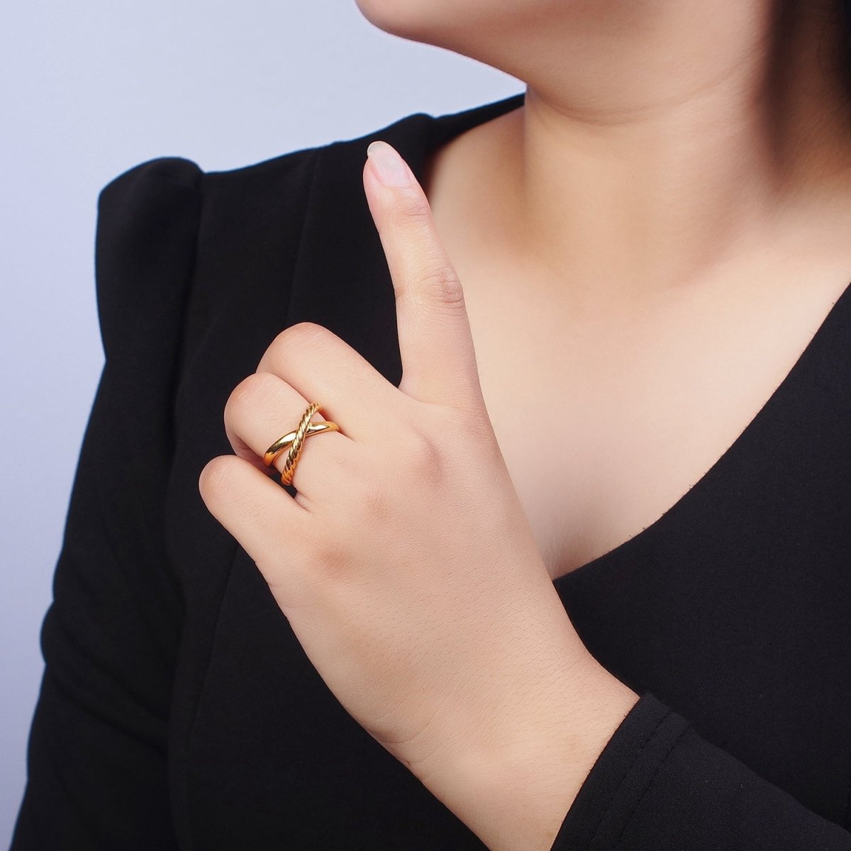 24K Gold Filled Double Band Cross Braided Twist Adjustable Gold Ring | S-371