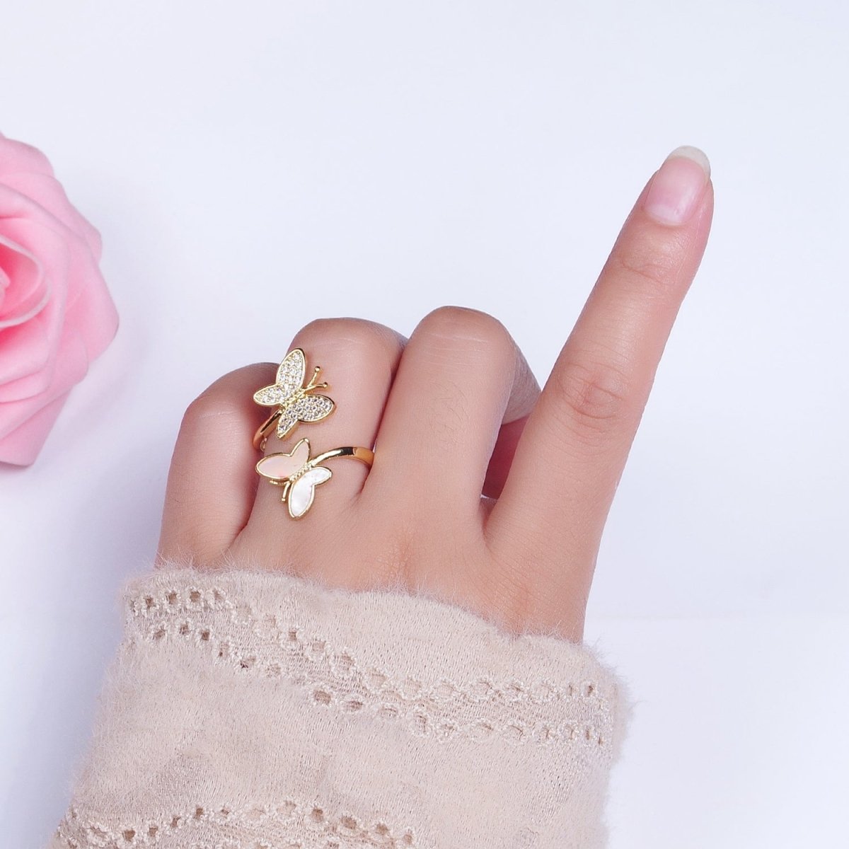24K Gold Filled Double Butterfly Mariposa Pink Opal Micro Paved Cubic Zirconia Adjustable Garden Insect Ring | O886