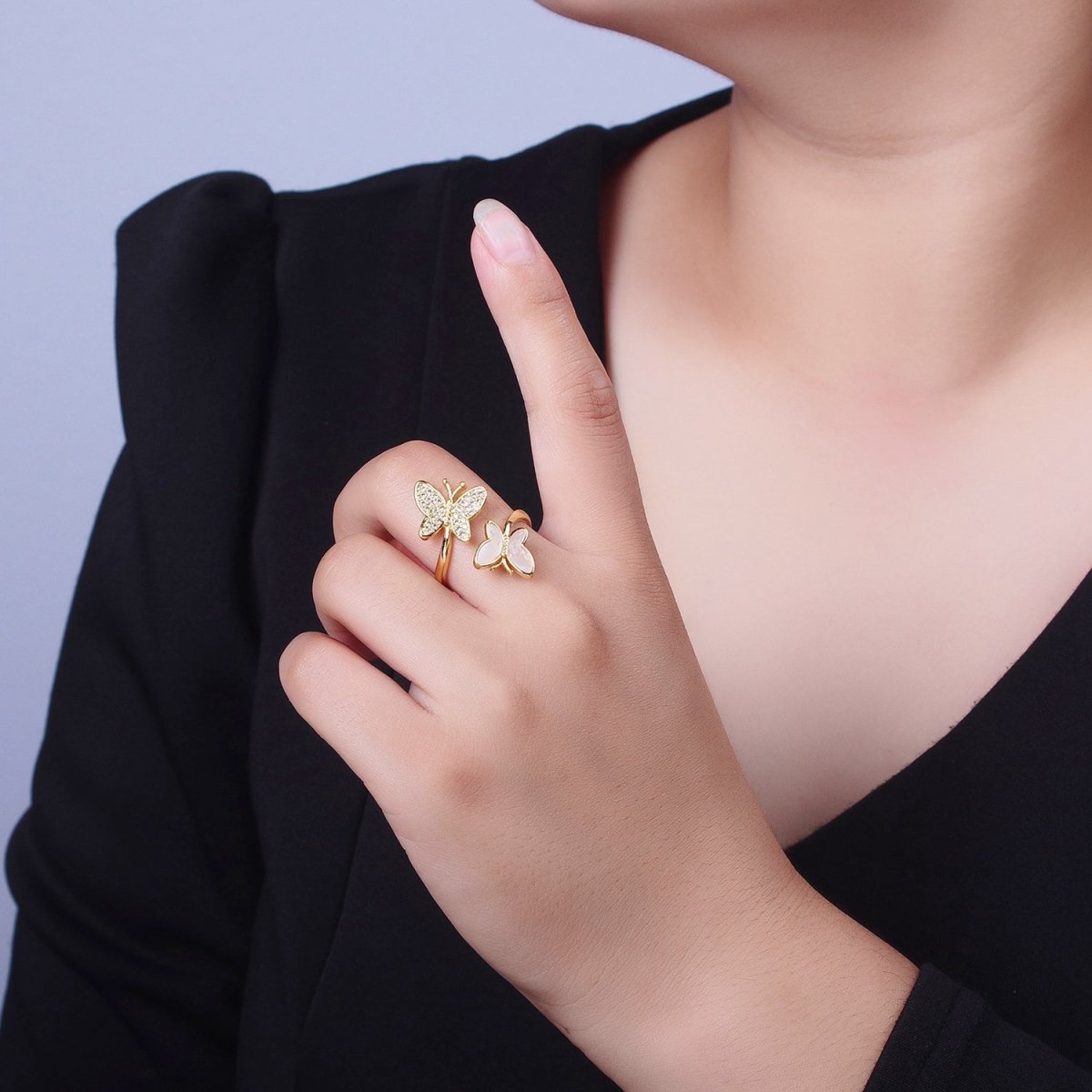 24K Gold Filled Double Butterfly Mariposa Pink Opal Micro Paved Cubic Zirconia Adjustable Garden Insect Ring | O886