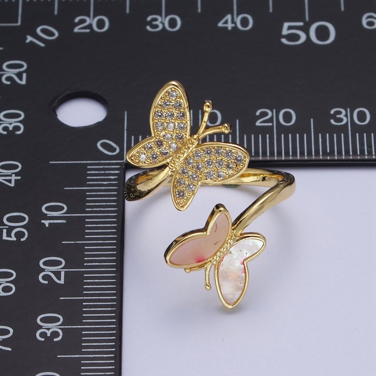 24K Gold Filled Double Butterfly Mariposa Pink Opal Micro Paved Cubic Zirconia Adjustable Garden Insect Ring | O886