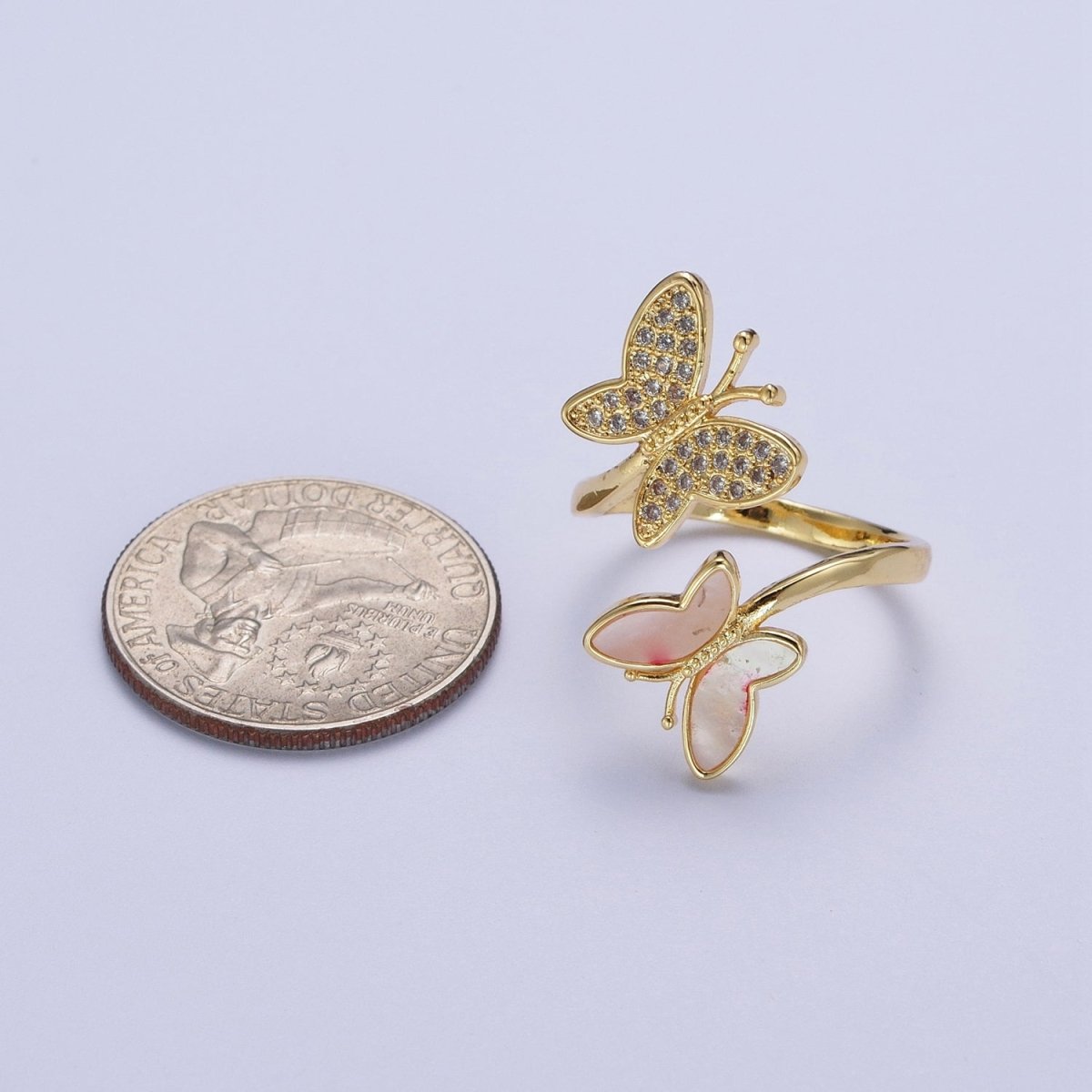 24K Gold Filled Double Butterfly Mariposa Pink Opal Micro Paved Cubic Zirconia Adjustable Garden Insect Ring | O886