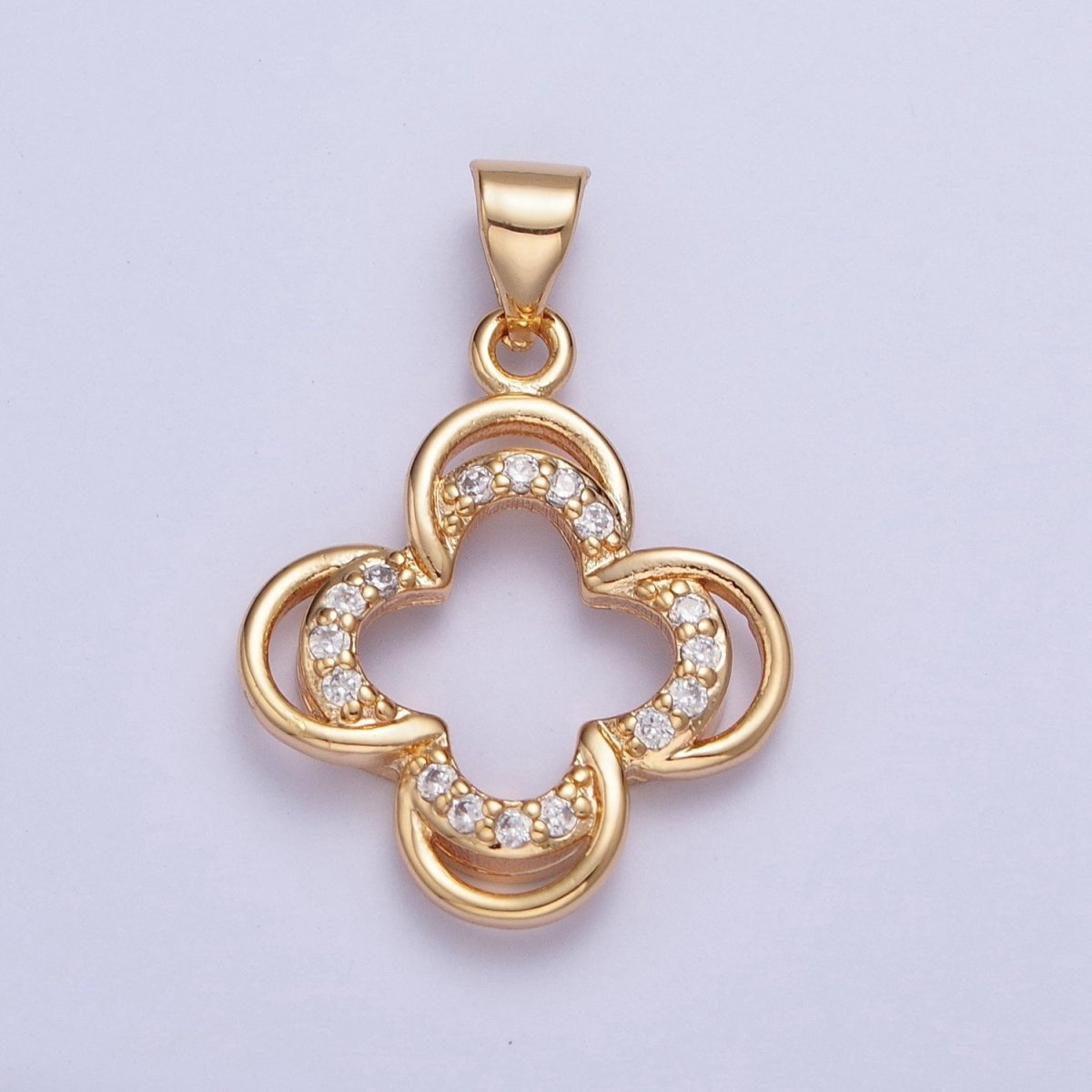 24K Gold Filled Double Four Leaf Lucky Clover Micro Pave CZ For Jewelry Making X-453