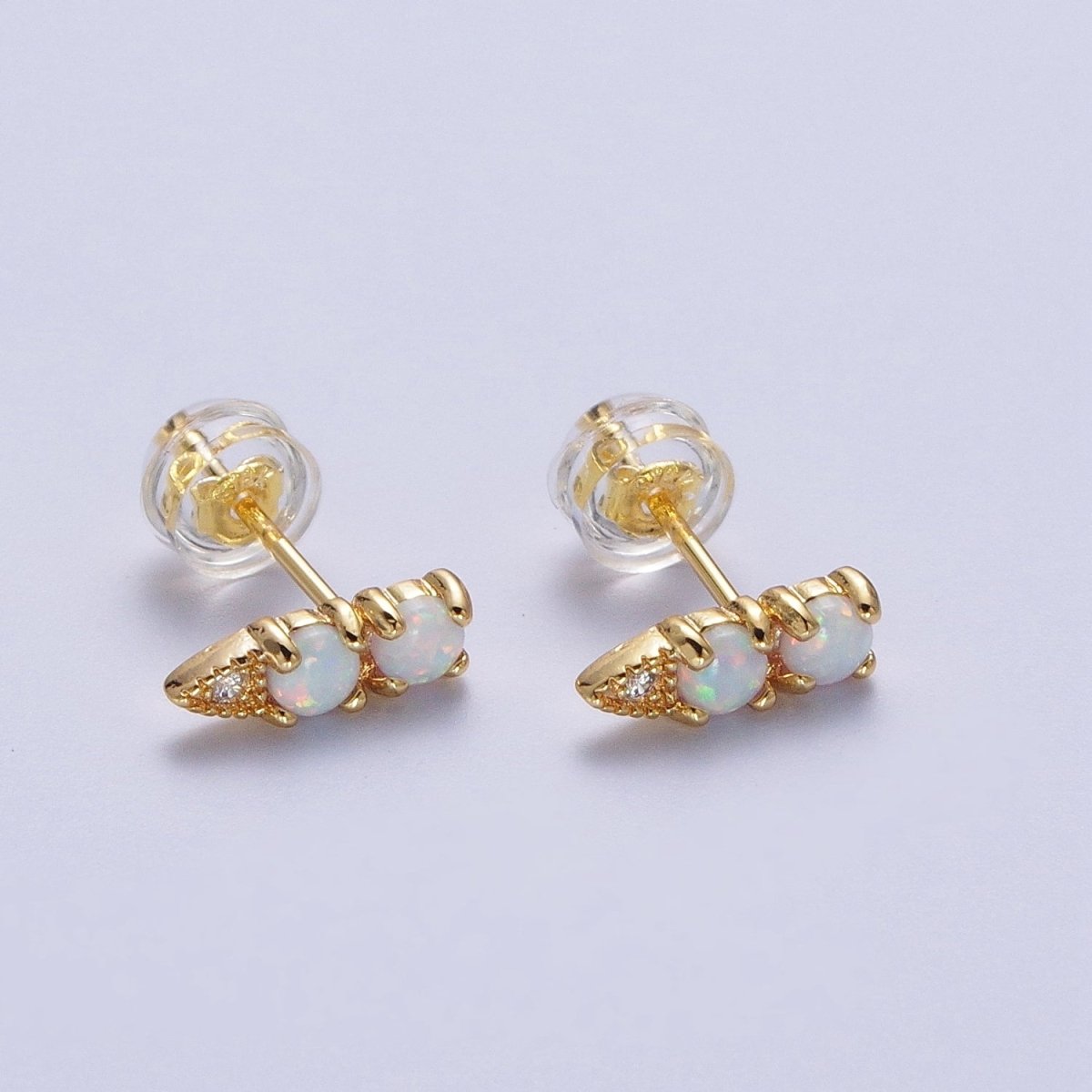 24K Gold Filled Double Two Round White Opal CZ Arrow Stud Earrings | AD-041