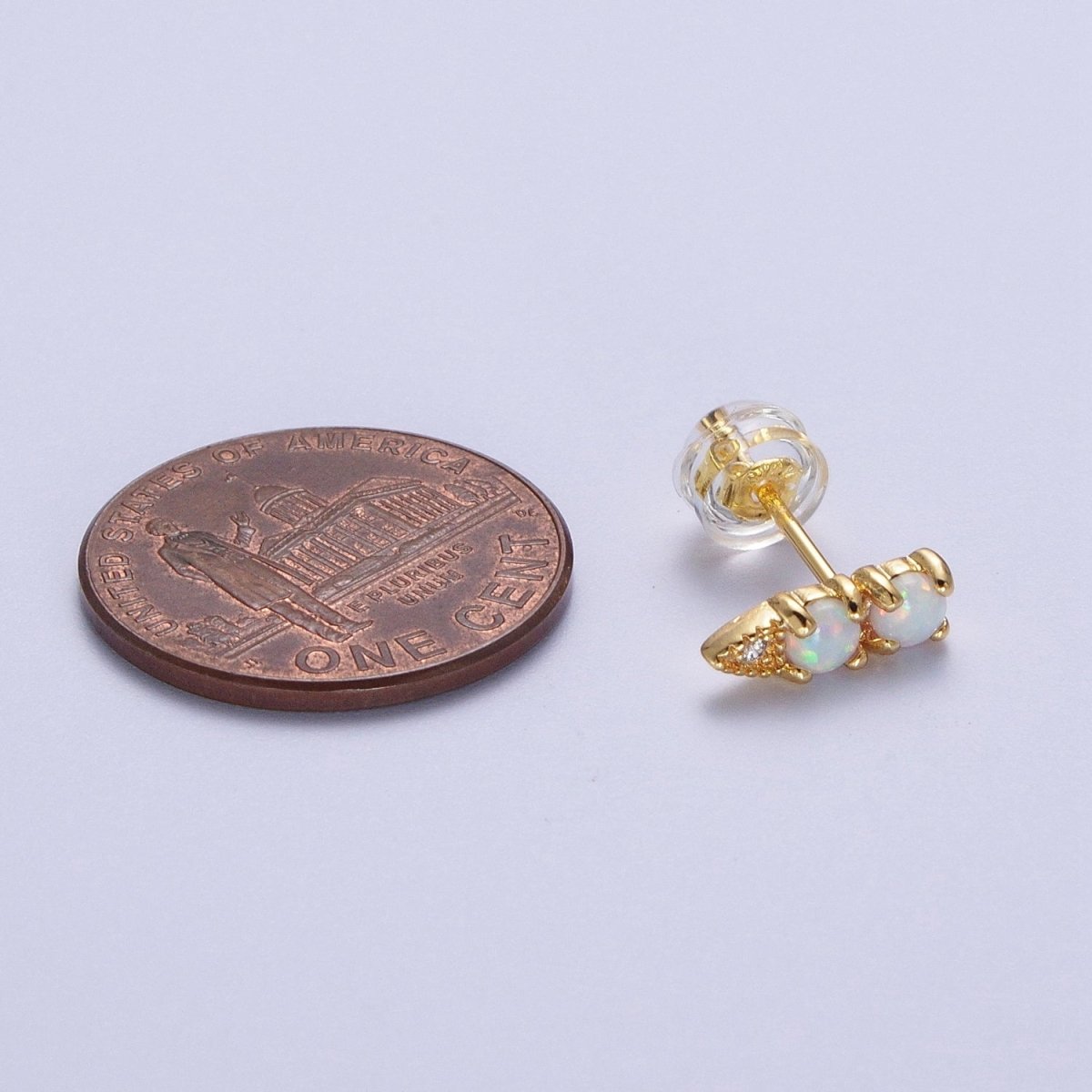 24K Gold Filled Double Two Round White Opal CZ Arrow Stud Earrings | AD-041