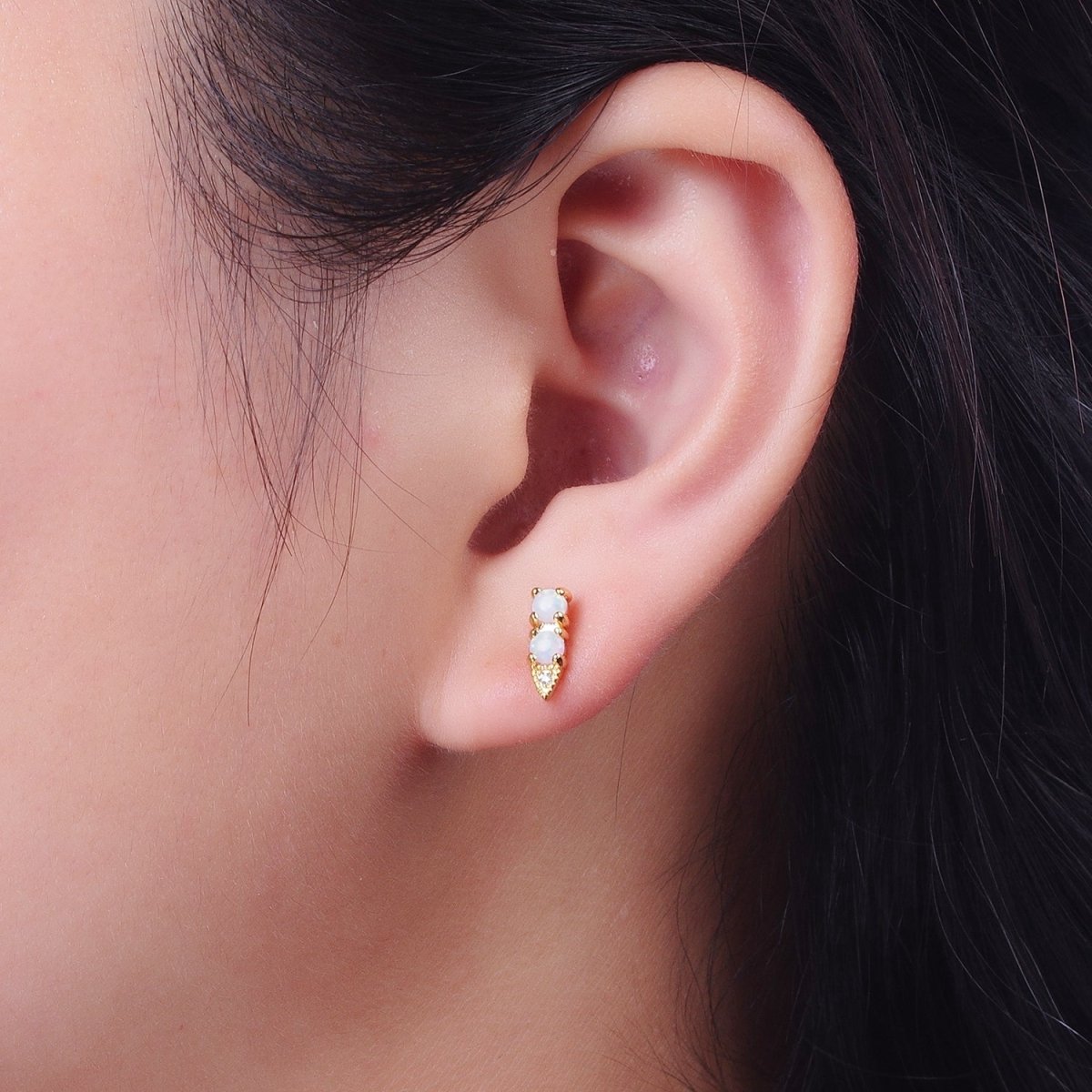 24K Gold Filled Double Two Round White Opal CZ Arrow Stud Earrings | AD-041