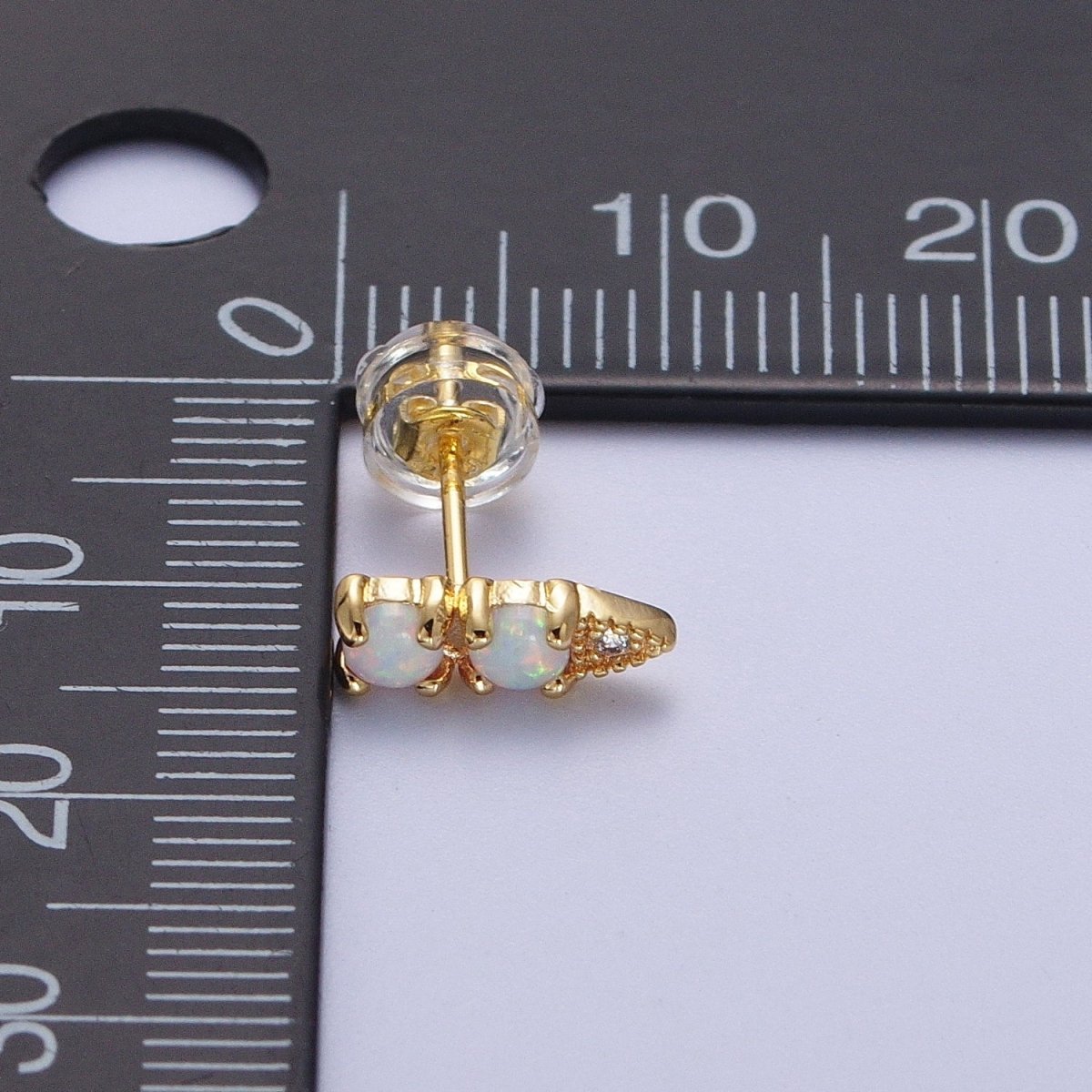 24K Gold Filled Double Two Round White Opal CZ Arrow Stud Earrings | AD-041