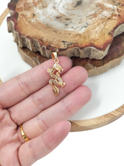 24k Gold Filled Dragon Pendant, Micro Pave Chinese Zodiac, Mythical Animals H-760