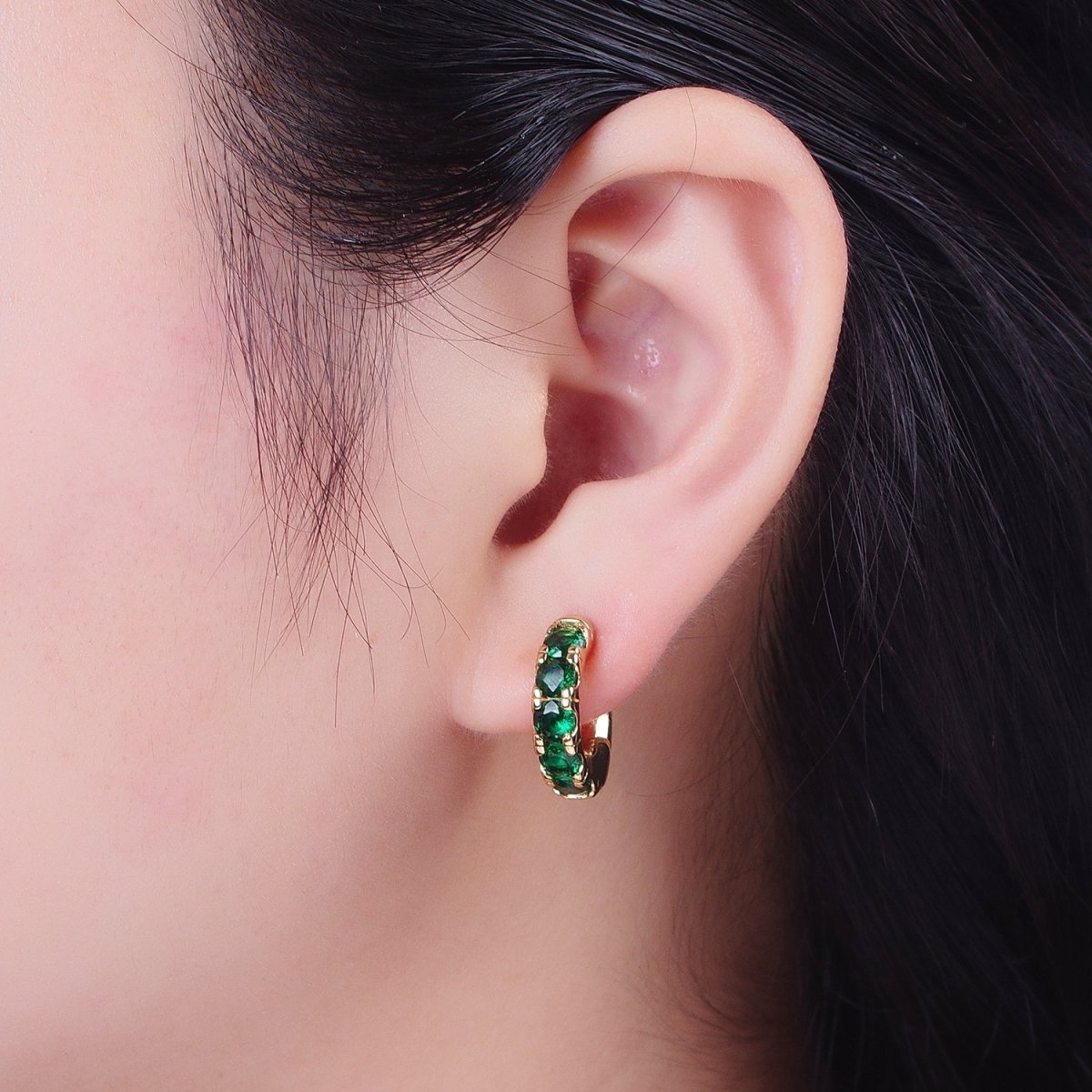 24K Gold Filled Emerald Green Micro Pave Cubic Zirconia 16.5mmx17mm Huggie Hoop Earrings | AD-507