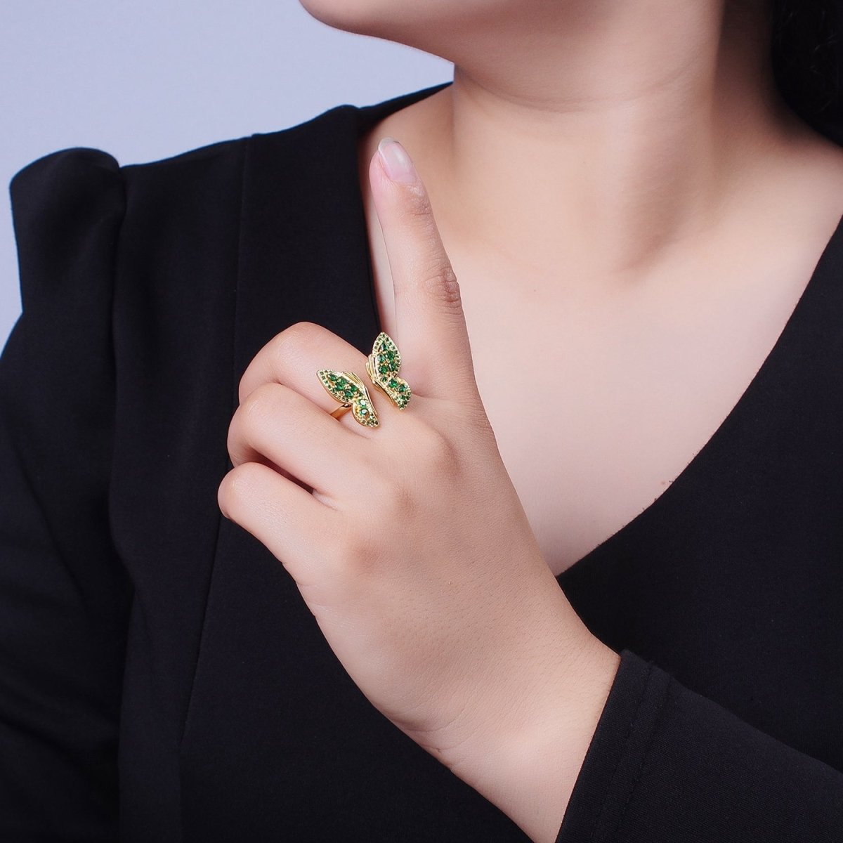 24K Gold Filled Emerald Green Micro Pave Cubic Zirconia Butterfly Mariposa Wings Open Adjustable Ring | U-123
