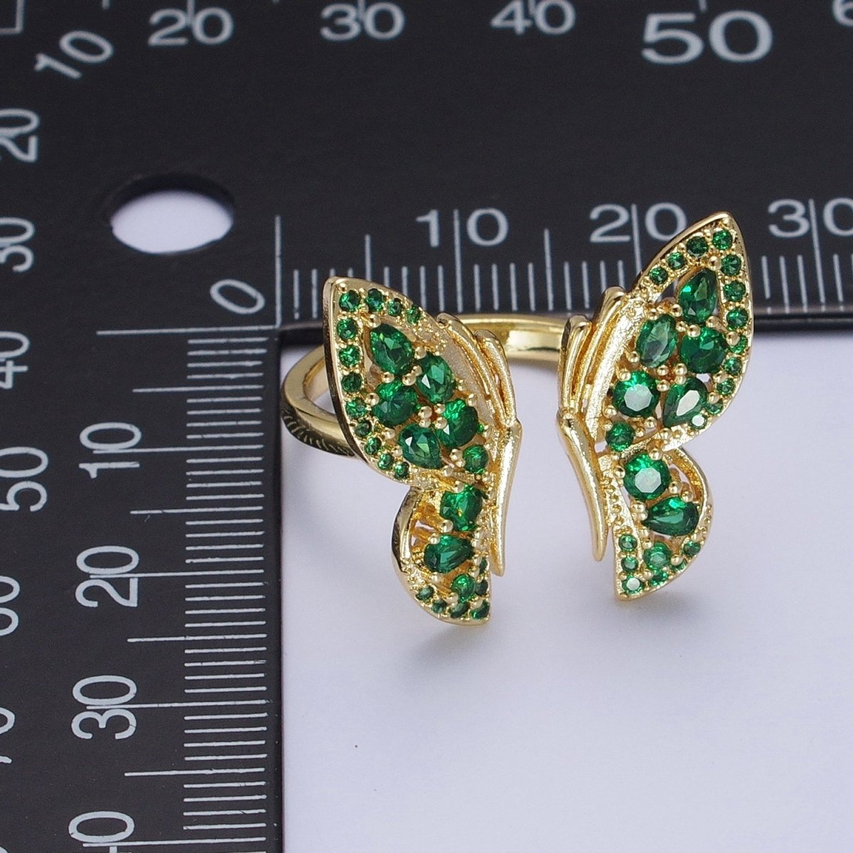 24K Gold Filled Emerald Green Micro Pave Cubic Zirconia Butterfly Mariposa Wings Open Adjustable Ring | U-123