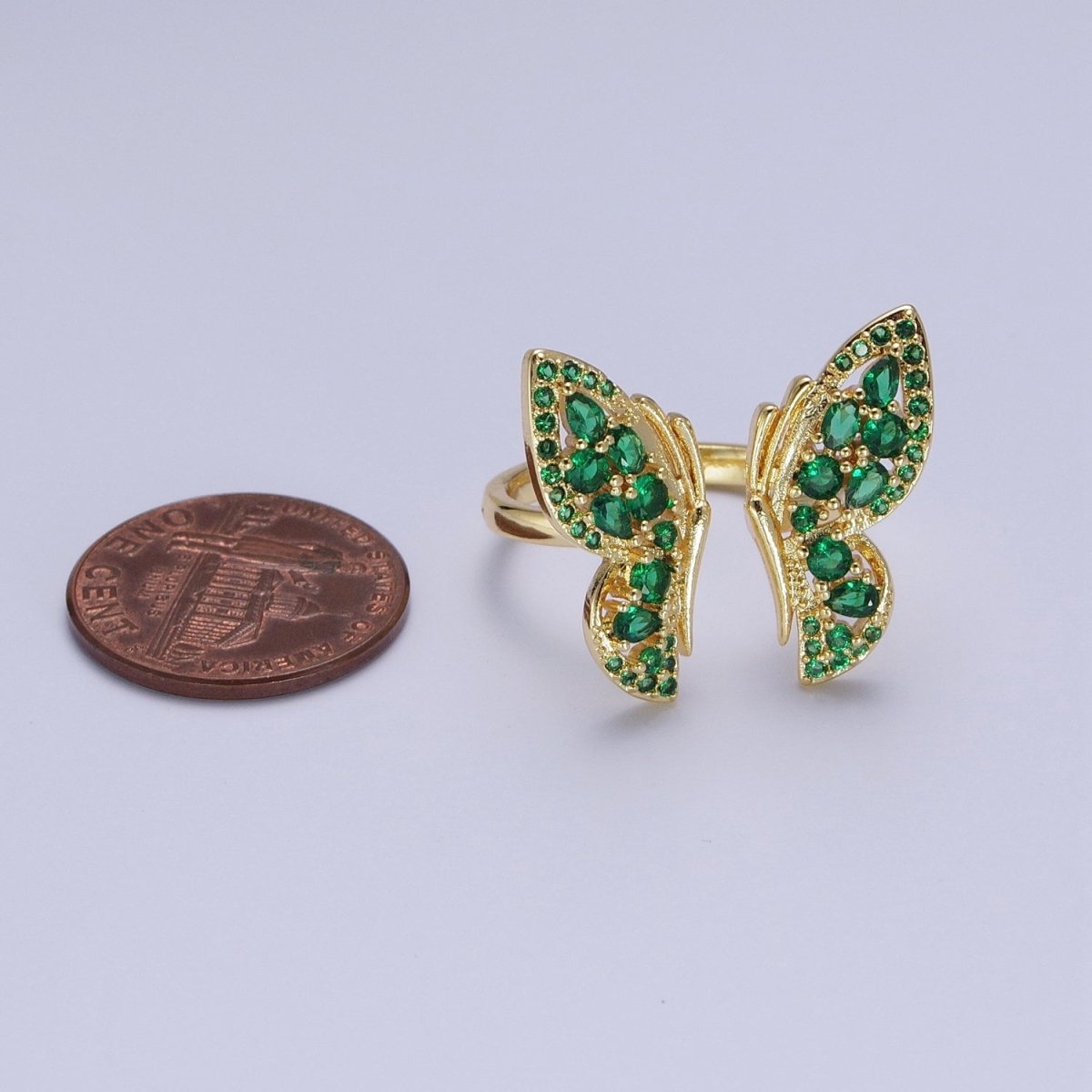 24K Gold Filled Emerald Green Micro Pave Cubic Zirconia Butterfly Mariposa Wings Open Adjustable Ring | U-123
