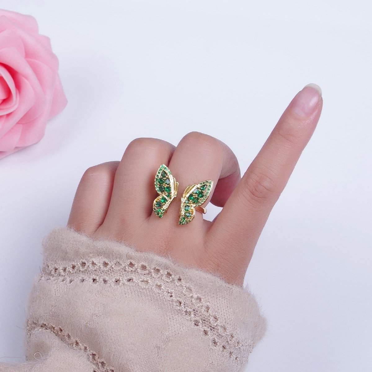 24K Gold Filled Emerald Green Micro Pave Cubic Zirconia Butterfly Mariposa Wings Open Adjustable Ring | U-123