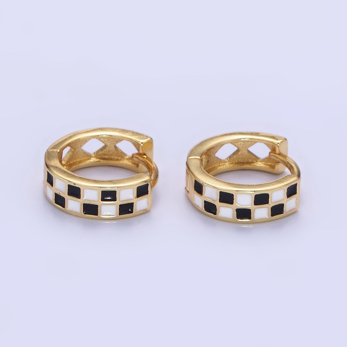 24K Gold Filled Enamel Checker Hoops Earring Retro Gold Huggie Earrings V131 V132