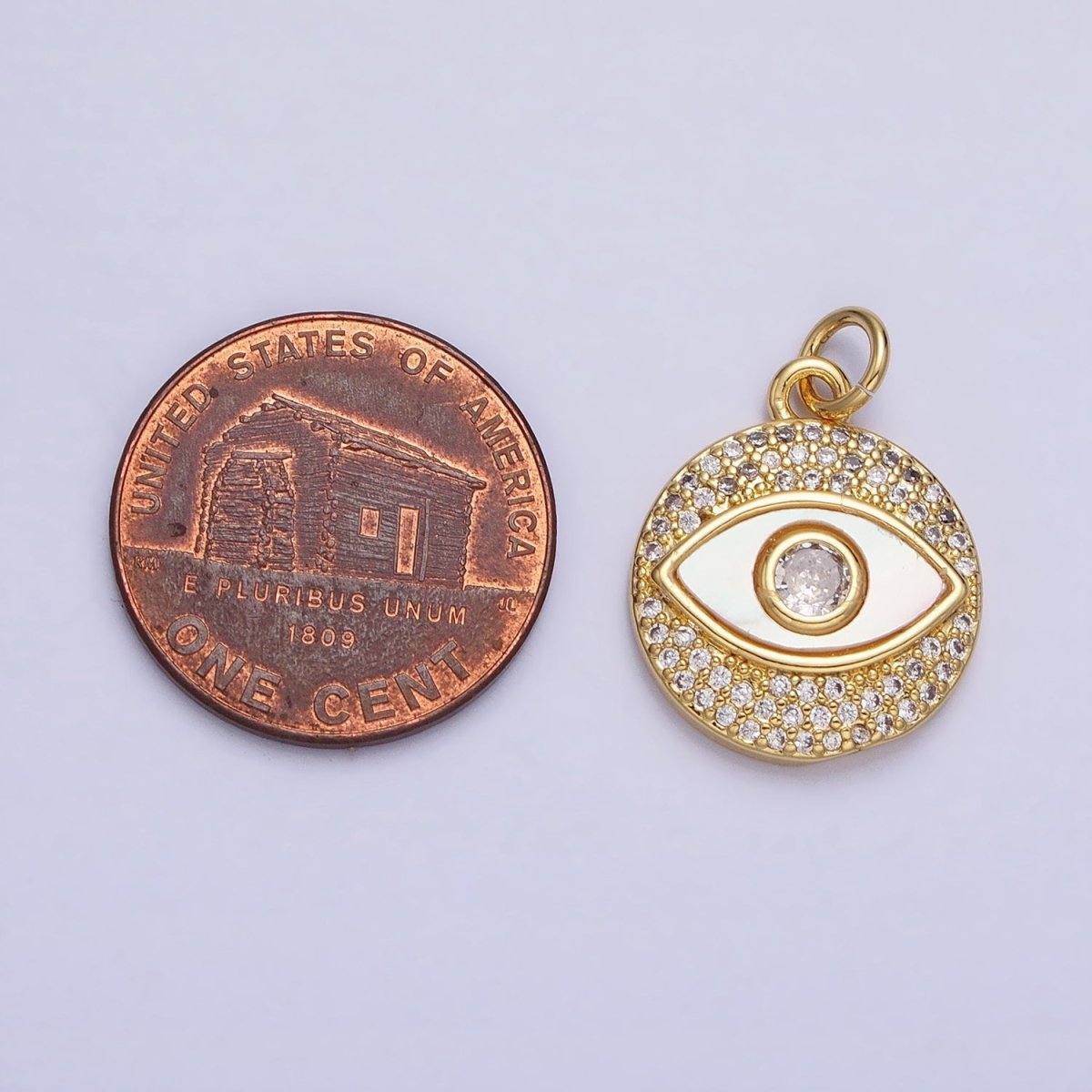 24K Gold Filled Evil Eye Shell Pearl Clear Micro Paved CZ Round Charm | AC590