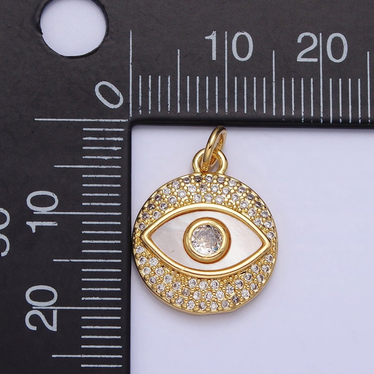 24K Gold Filled Evil Eye Shell Pearl Clear Micro Paved CZ Round Charm | AC590