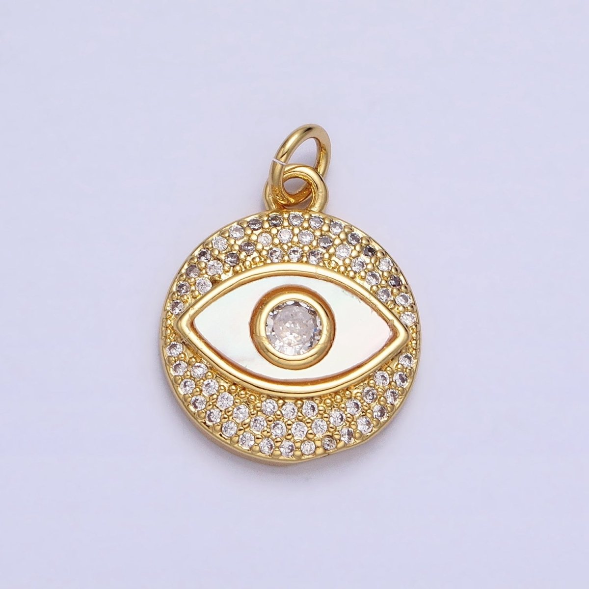24K Gold Filled Evil Eye Shell Pearl Clear Micro Paved CZ Round Charm | AC590