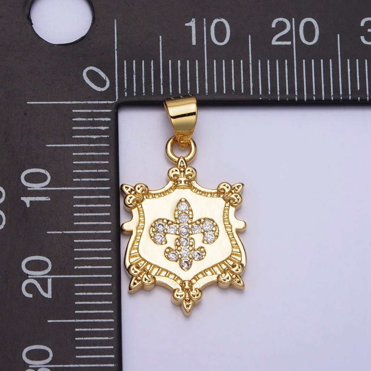 24K Gold Filled Fleur De Lis Clear Micro Paved CZ Crest Shield Pendant | AA077
