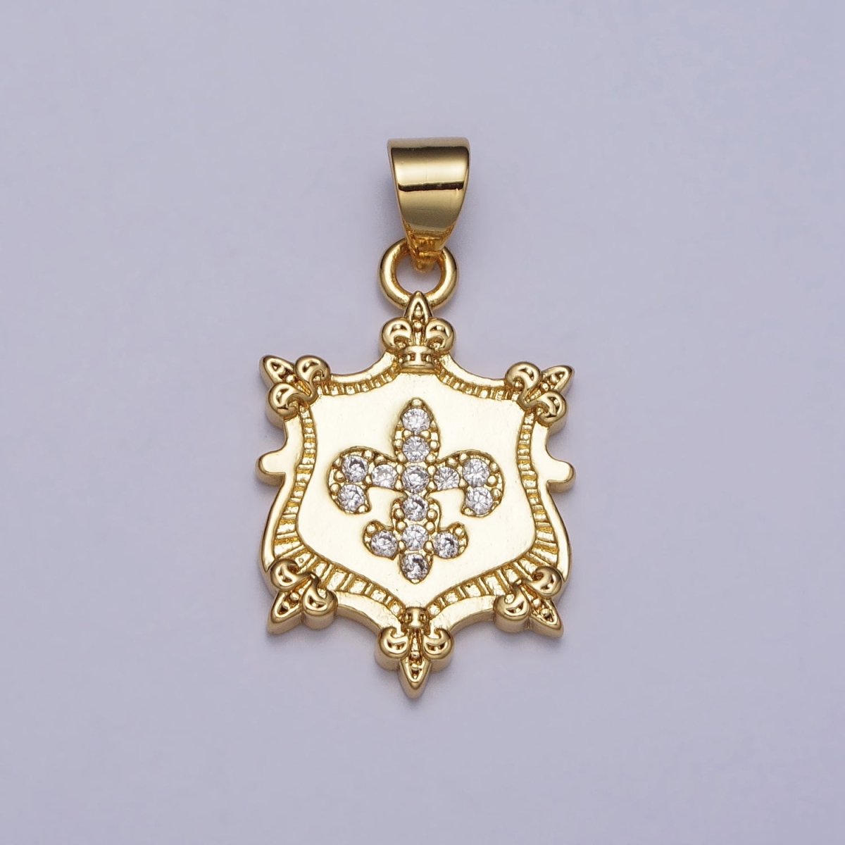24K Gold Filled Fleur De Lis Clear Micro Paved CZ Crest Shield Pendant | AA077
