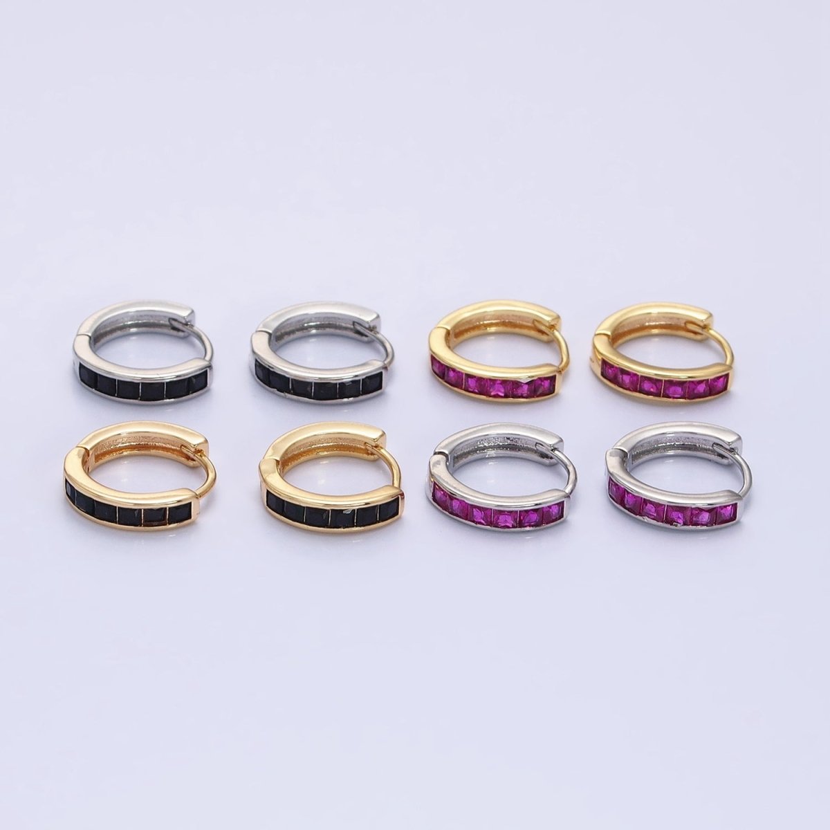 24K Gold Filled Fuchsia, Black Square CZ Lined Huggie Earrings in Gold & Silver | AB1407 - AB1410