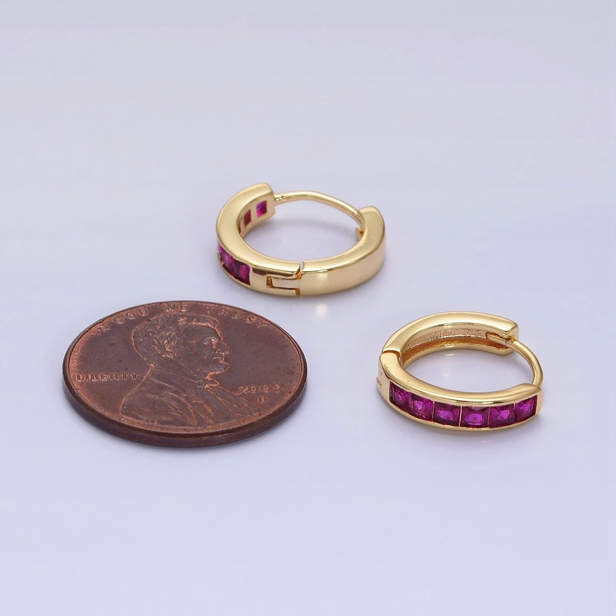 24K Gold Filled Fuchsia, Black Square CZ Lined Huggie Earrings in Gold & Silver | AB1407 - AB1410
