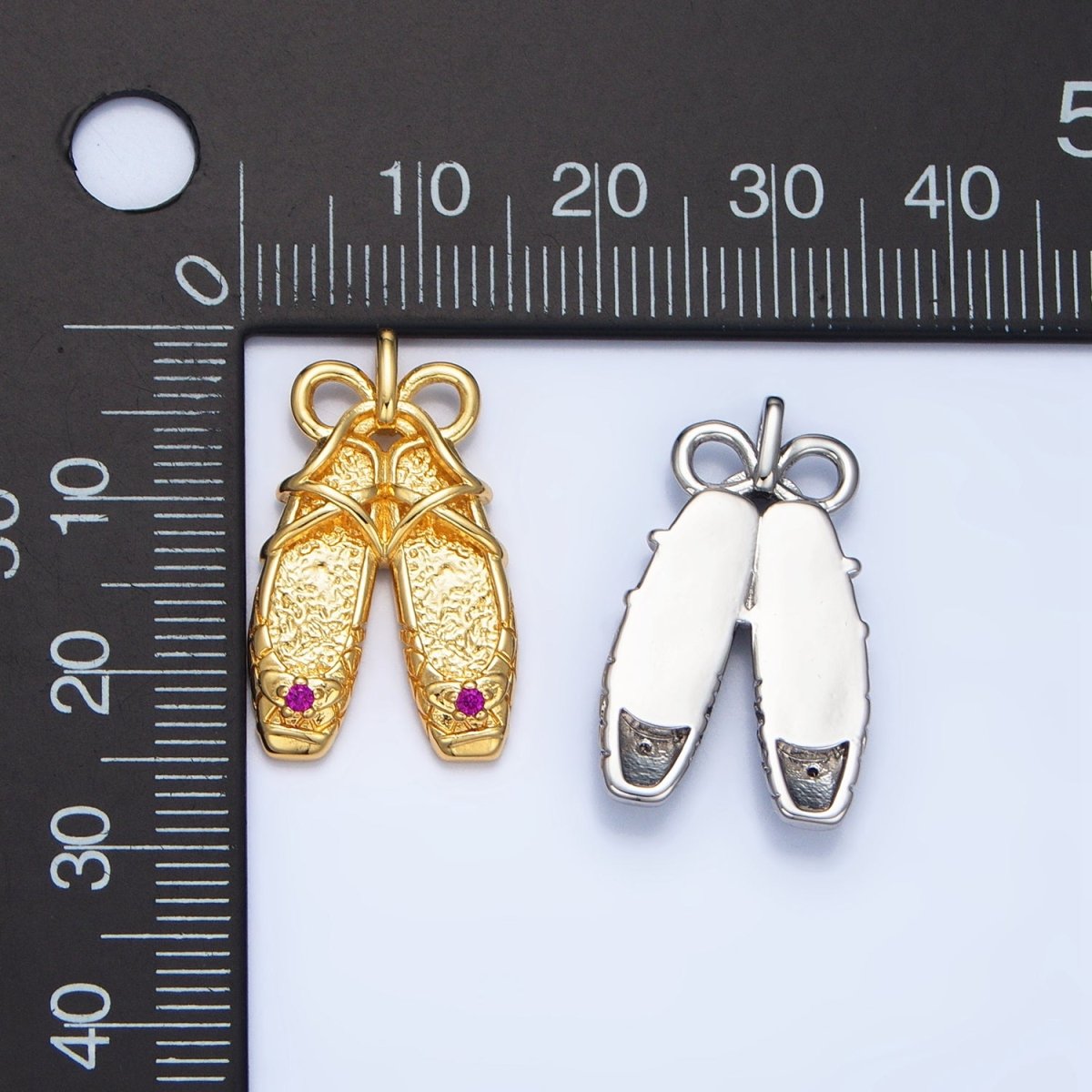 24K Gold Filled Fuchsia CZ Hammered Ribbon Coquette Ballet Dancing Shoes Pendant in Gold & Silver | AA118