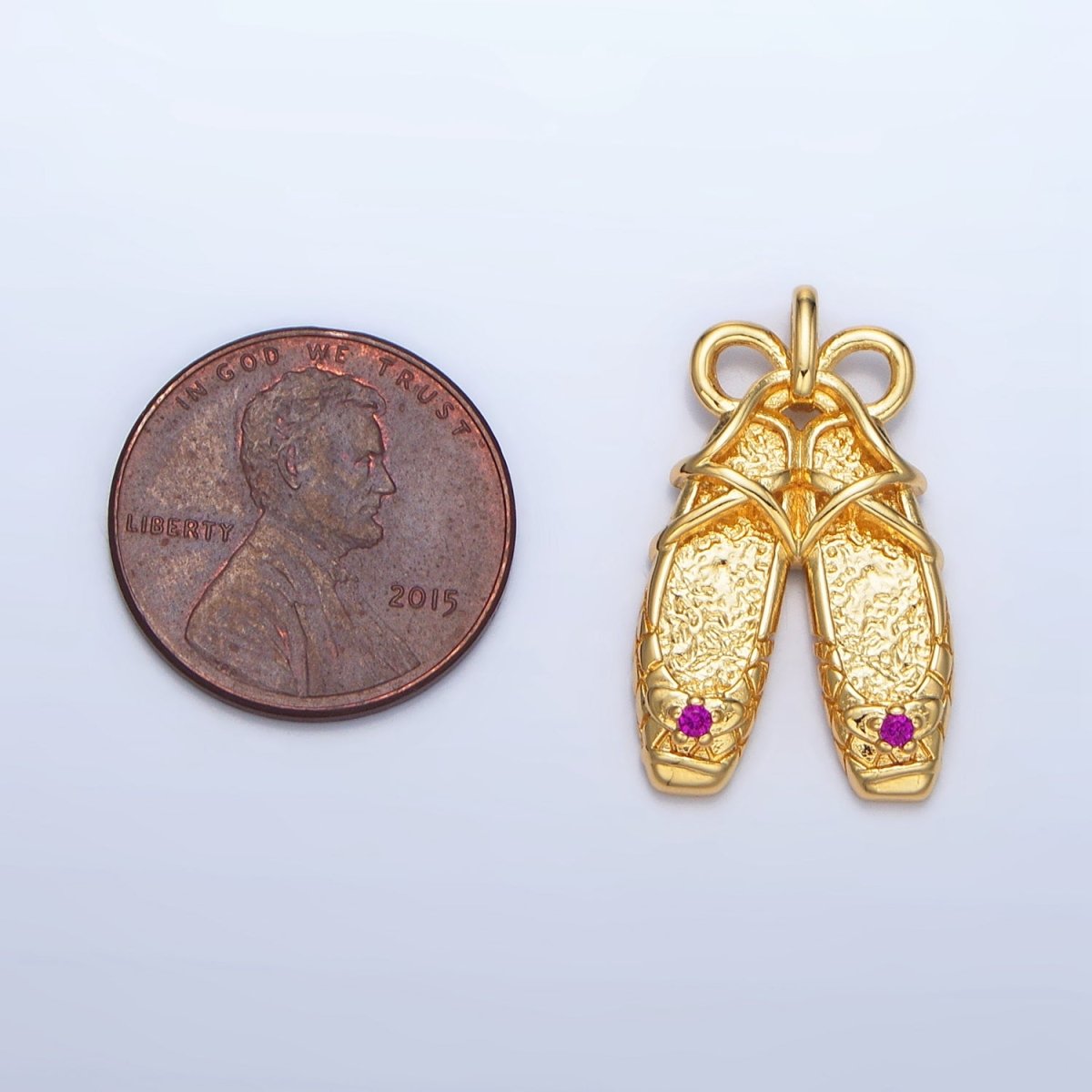 24K Gold Filled Fuchsia CZ Hammered Ribbon Coquette Ballet Dancing Shoes Pendant in Gold & Silver | AA118