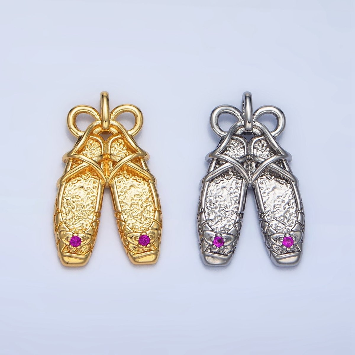 24K Gold Filled Fuchsia CZ Hammered Ribbon Coquette Ballet Dancing Shoes Pendant in Gold & Silver | AA118