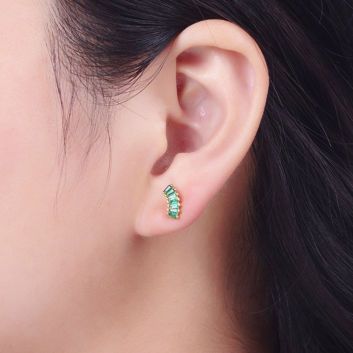 24K Gold Filled Green Baguette Cubic Zirconia Stud Earrings | AD-100