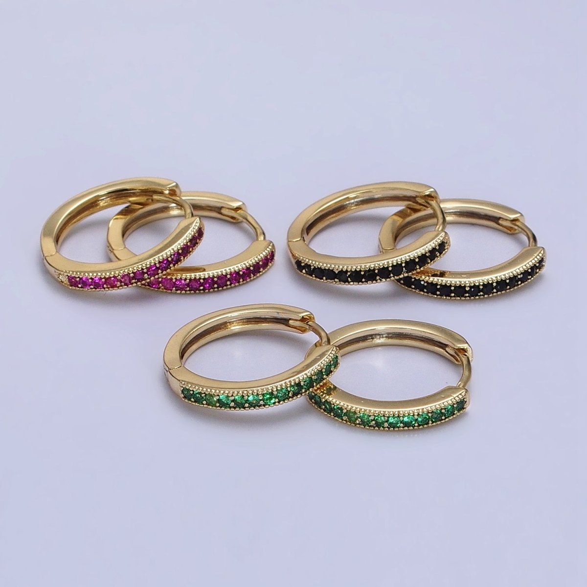 24K Gold Filled Green, Fuchsia, Black Micro Paved CZ Lined 16mm Huggie Earrings | AB297 AB298 AB299