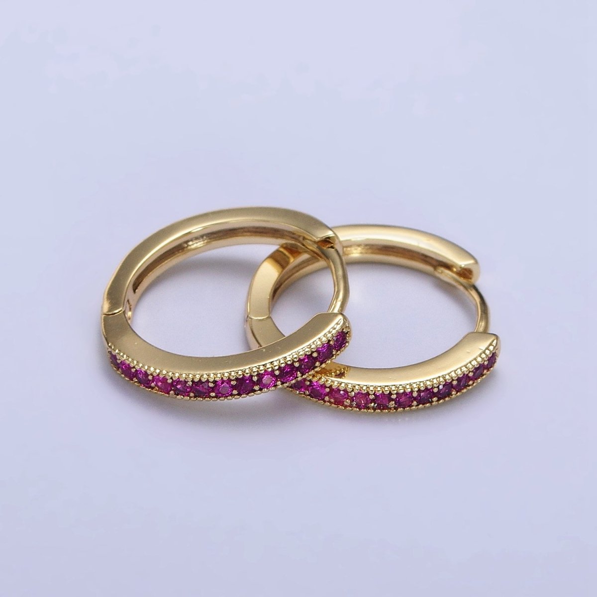 24K Gold Filled Green, Fuchsia, Black Micro Paved CZ Lined 16mm Huggie Earrings | AB297 AB298 AB299