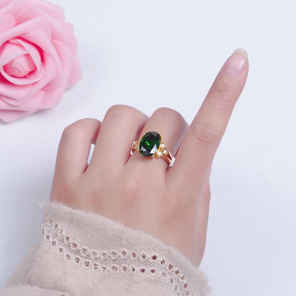 24K Gold Filled Green Jade/Cubic Zirconia Double Band Adjustable Ring, O-2298, O-765