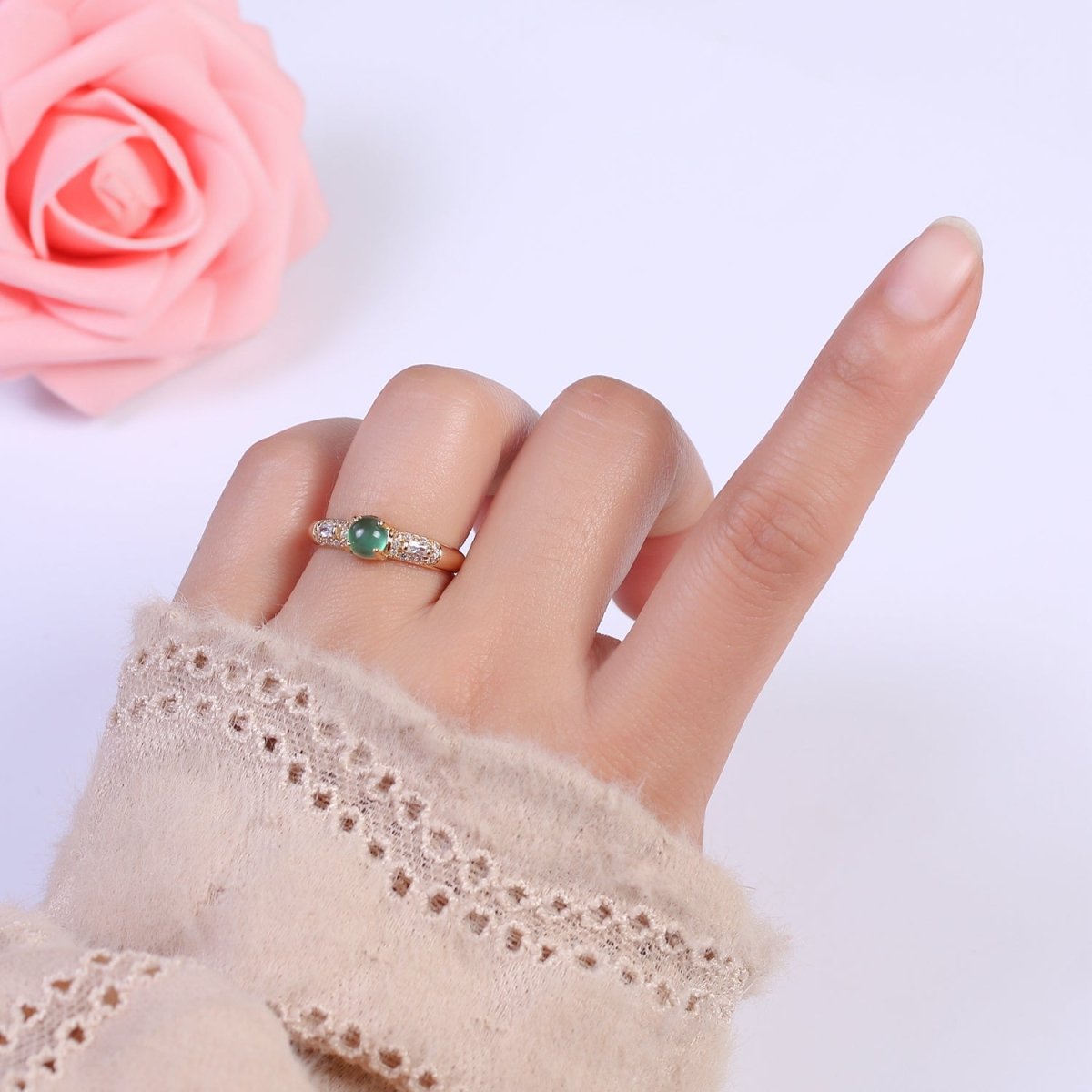 24K Gold Filled Green Stone on Micro Pave CZ Crystal Cubic Zirconia  Adjustable Open Ring S-355