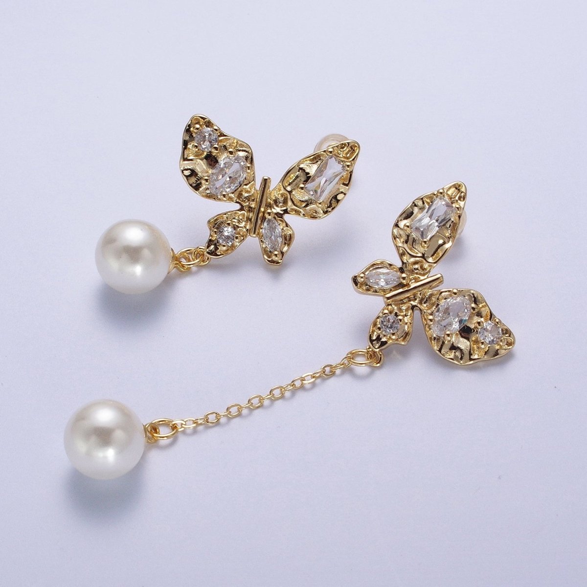 24K Gold Filled Hammered Butterfly Clear Cubic Zirconia Wings Pearl Charm Dangle Drop Stud Earrings | AD-034