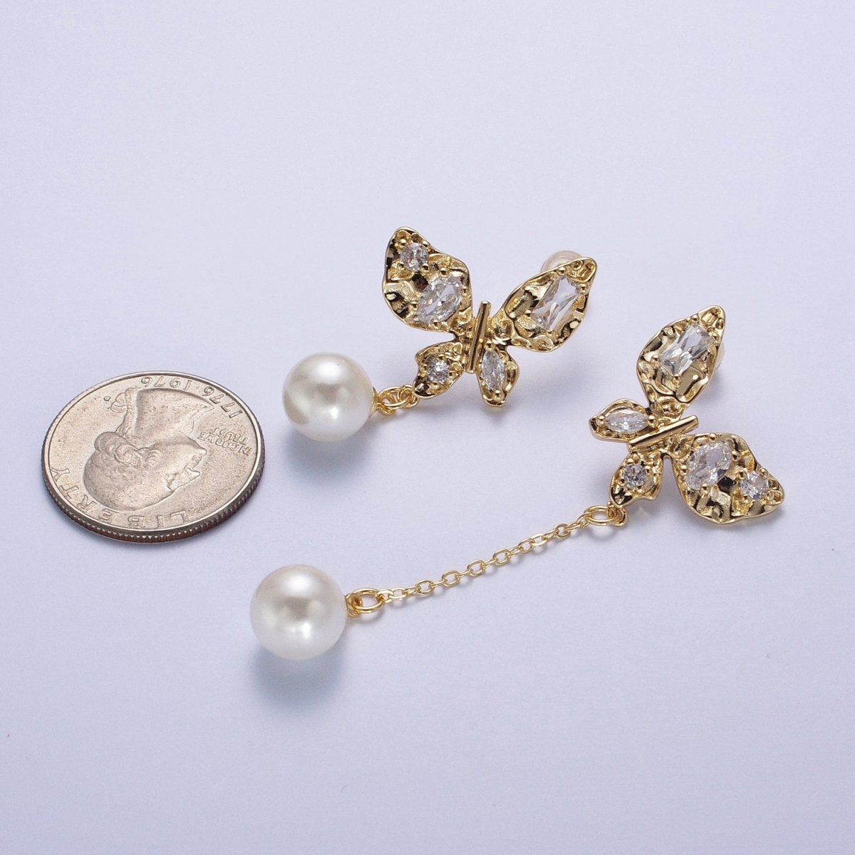 24K Gold Filled Hammered Butterfly Clear Cubic Zirconia Wings Pearl Charm Dangle Drop Stud Earrings | AD-034