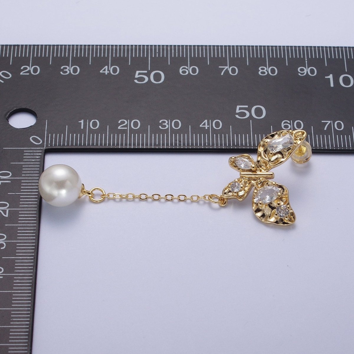 24K Gold Filled Hammered Butterfly Clear Cubic Zirconia Wings Pearl Charm Dangle Drop Stud Earrings | AD-034