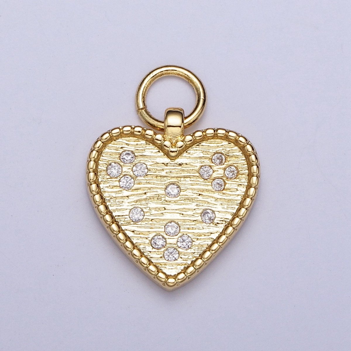 24K Gold Filled Heart Charm Clear CZ Dotted Pendant H-339