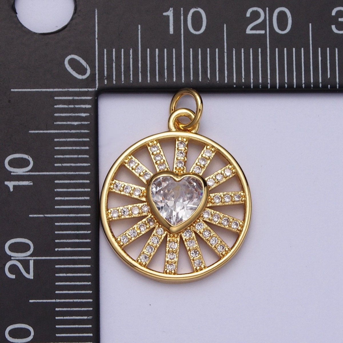 24k Gold Filled Heart Charm Micro Paved CZ Radiant Round Coin Disc Charm E-452