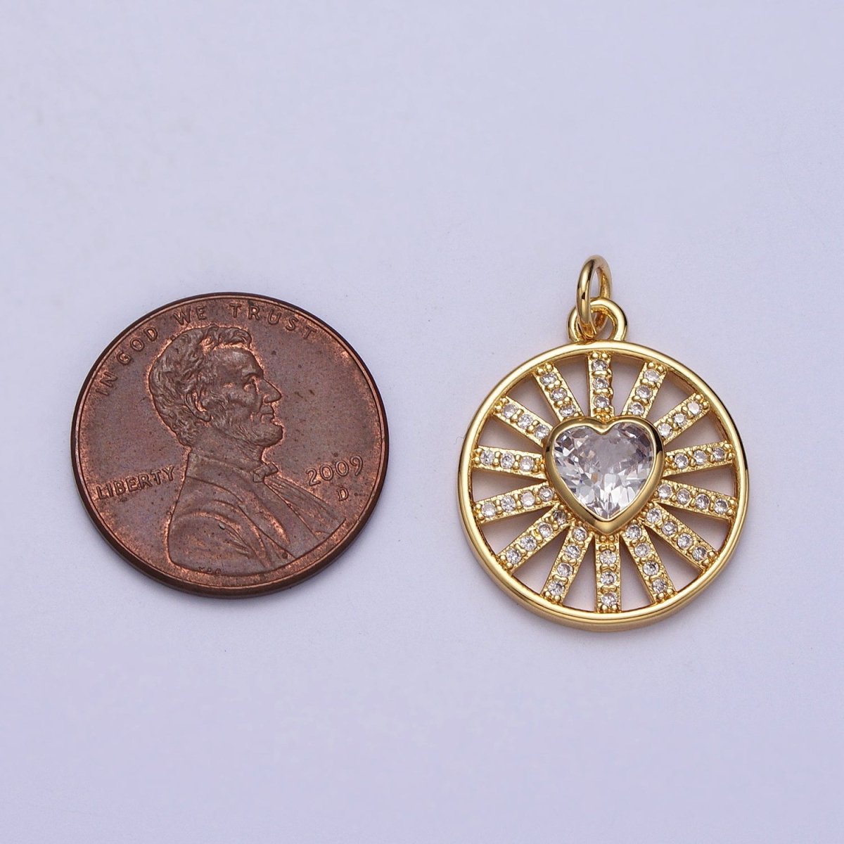 24k Gold Filled Heart Charm Micro Paved CZ Radiant Round Coin Disc Charm E-452