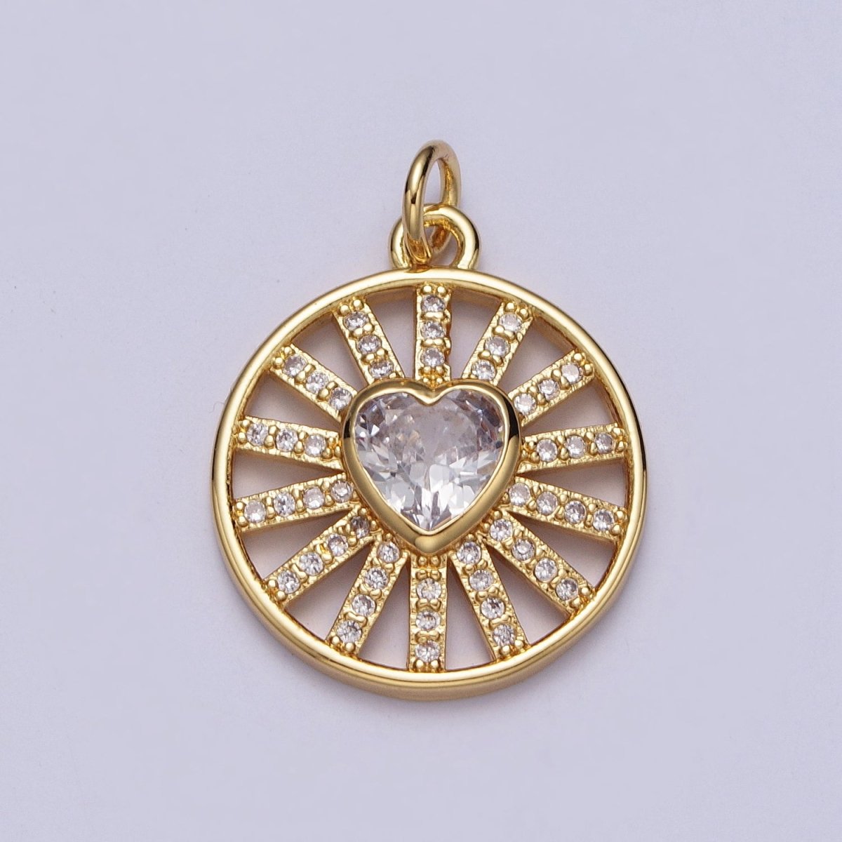 24k Gold Filled Heart Charm Micro Paved CZ Radiant Round Coin Disc Charm E-452