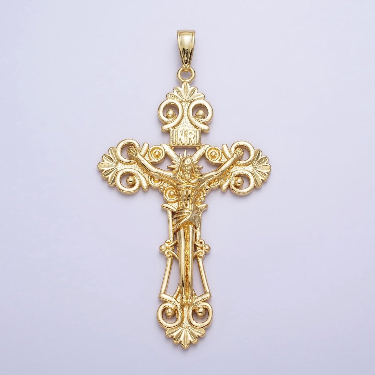 24K Gold Filled "INRI" Jesus Crucifix Cross Religious Elaborate Statement Cross Pendant | AA208