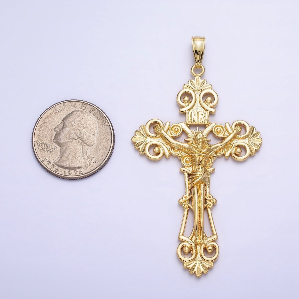 24K Gold Filled "INRI" Jesus Crucifix Cross Religious Elaborate Statement Cross Pendant | AA208