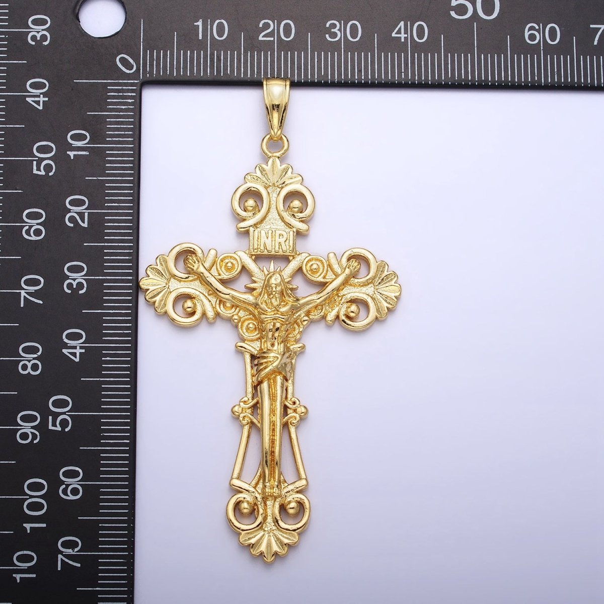 24K Gold Filled "INRI" Jesus Crucifix Cross Religious Elaborate Statement Cross Pendant | AA208
