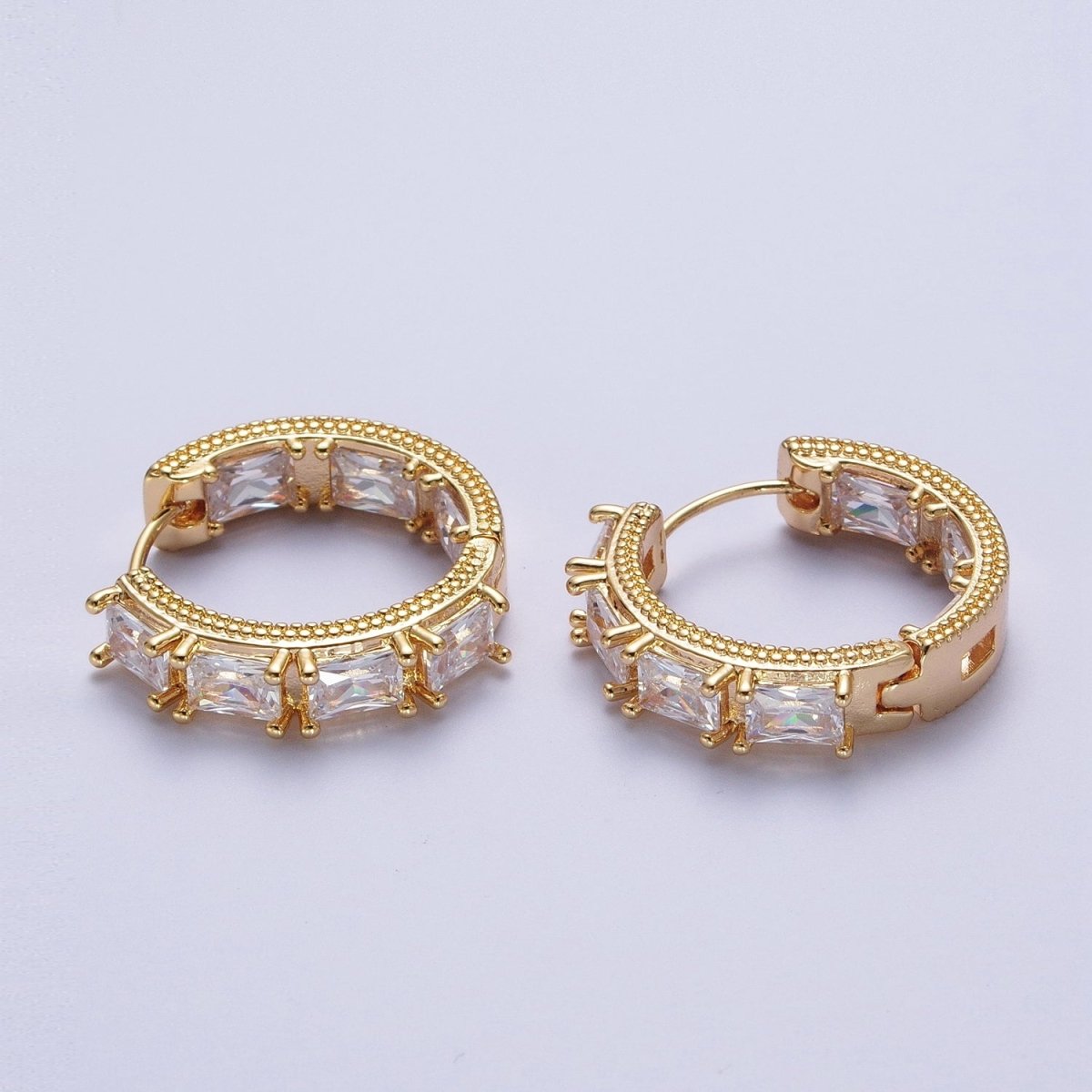 24K Gold Filled Inside Outside Double Sided Baguette Cubic Zirconia Beaded Huggie Hoops Earrings | AD-036