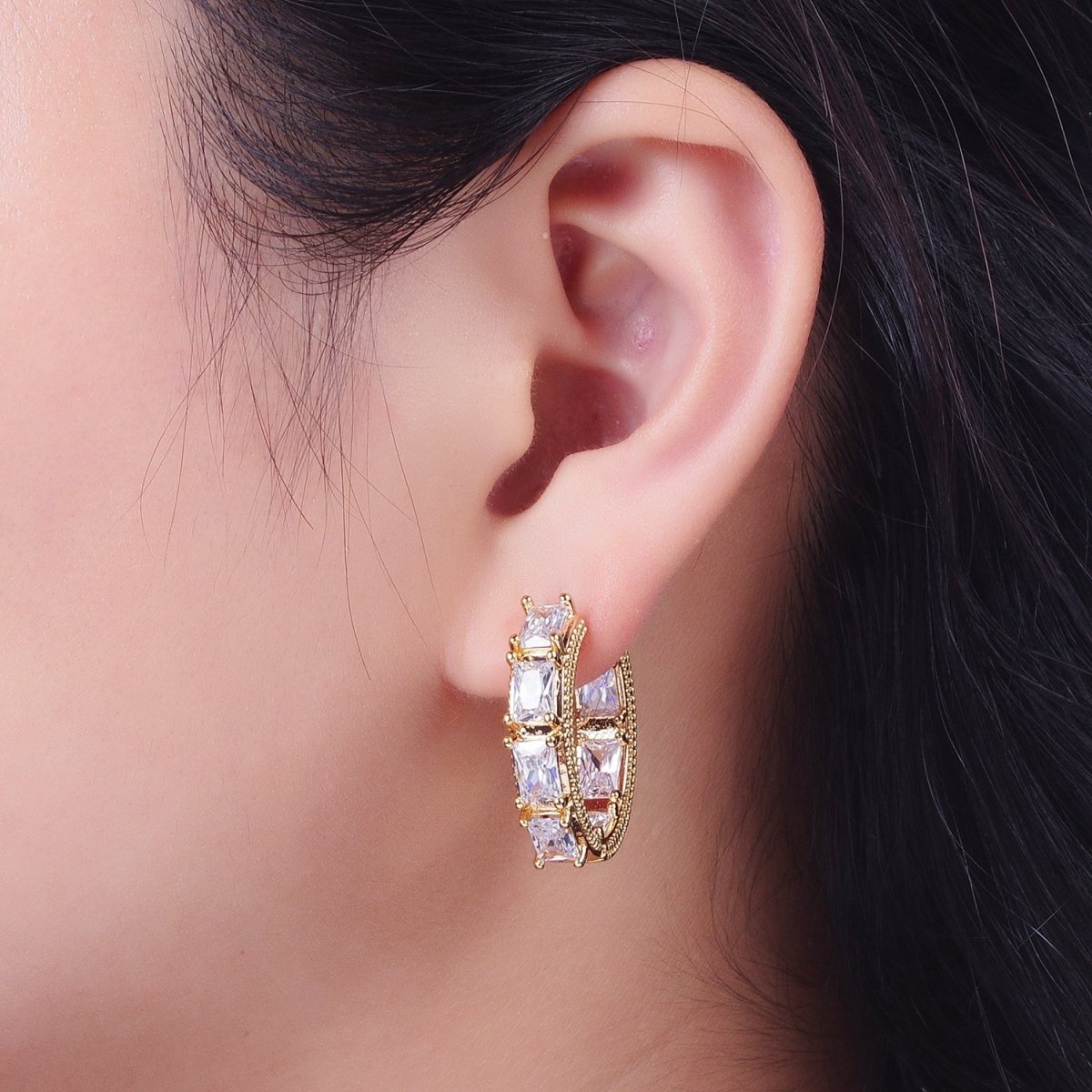 24K Gold Filled Inside Outside Double Sided Baguette Cubic Zirconia Beaded Huggie Hoops Earrings | AD-036