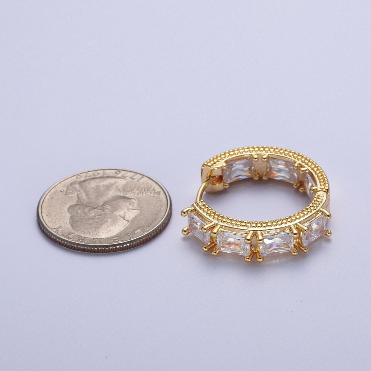 24K Gold Filled Inside Outside Double Sided Baguette Cubic Zirconia Beaded Huggie Hoops Earrings | AD-036