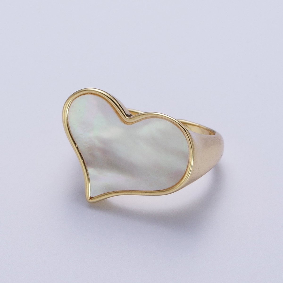 24K Gold Filled Love Heart White Shell Pearl Wide Band Ring For Valentines | O-1997